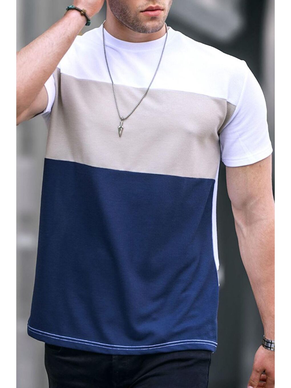Madmext Erkek Renk Bloklu Beyaz Tişört 5826-2