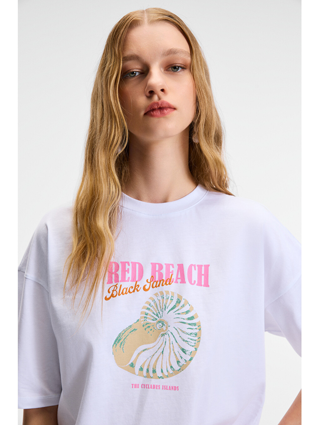 Orelza Kadın %100 Pamuk Baskılı Yuvarlak Yaka Oversize Fit Beyaz T-shirt-2