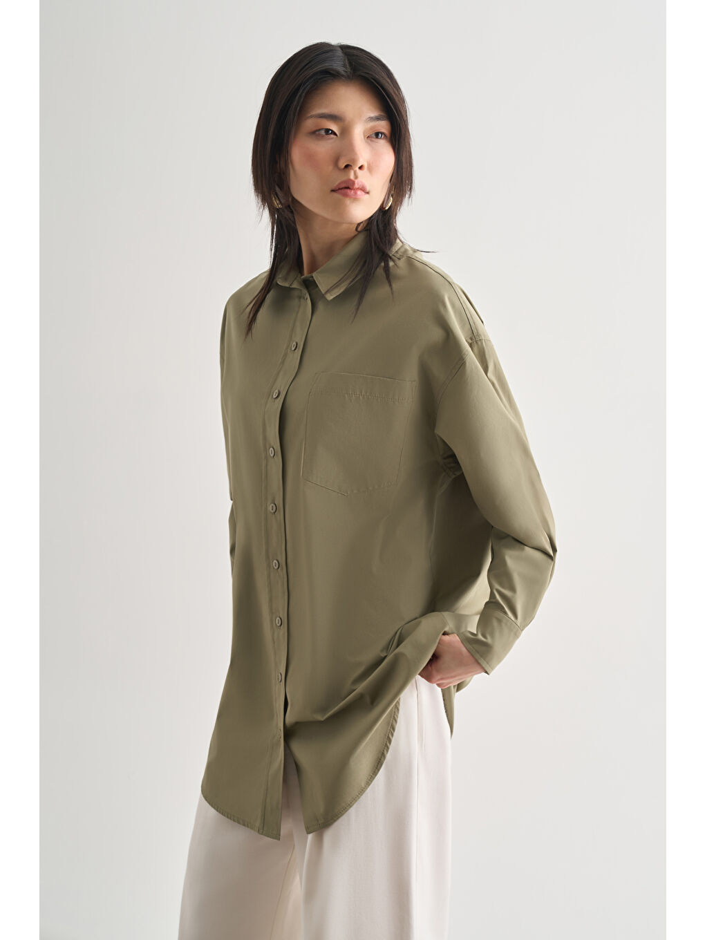 Premium Saf Pamuk Haki Oversize Gömlek