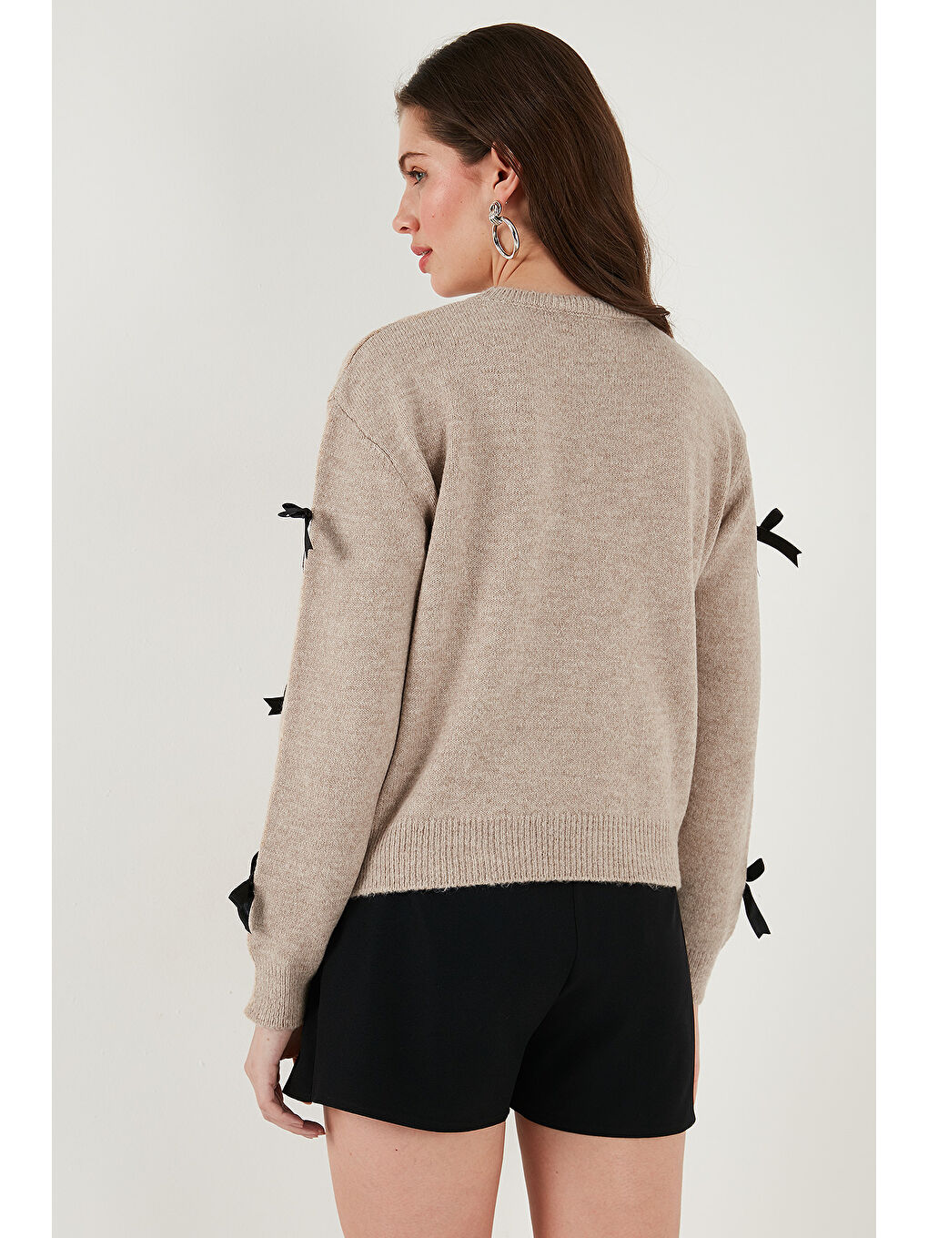 Bej Premium Regular Fit Bisiklet Yaka Fiyonk Detaylı Triko Kazak 680KZ00155-6