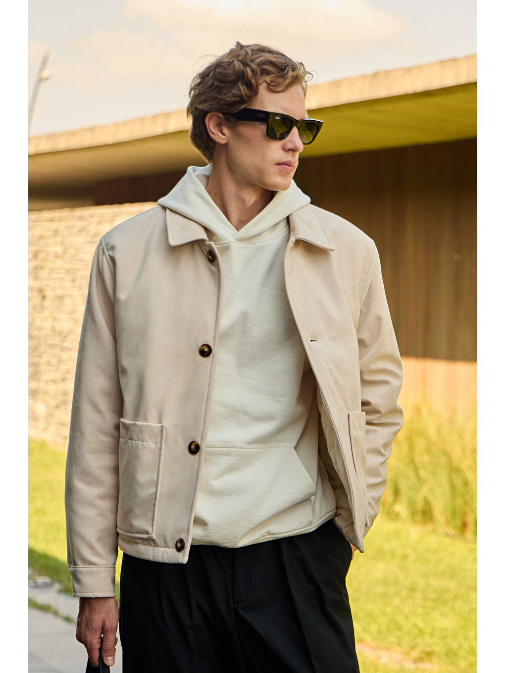 Bej Erkek Süet Kapitoneli Mont Ceket Taş-1