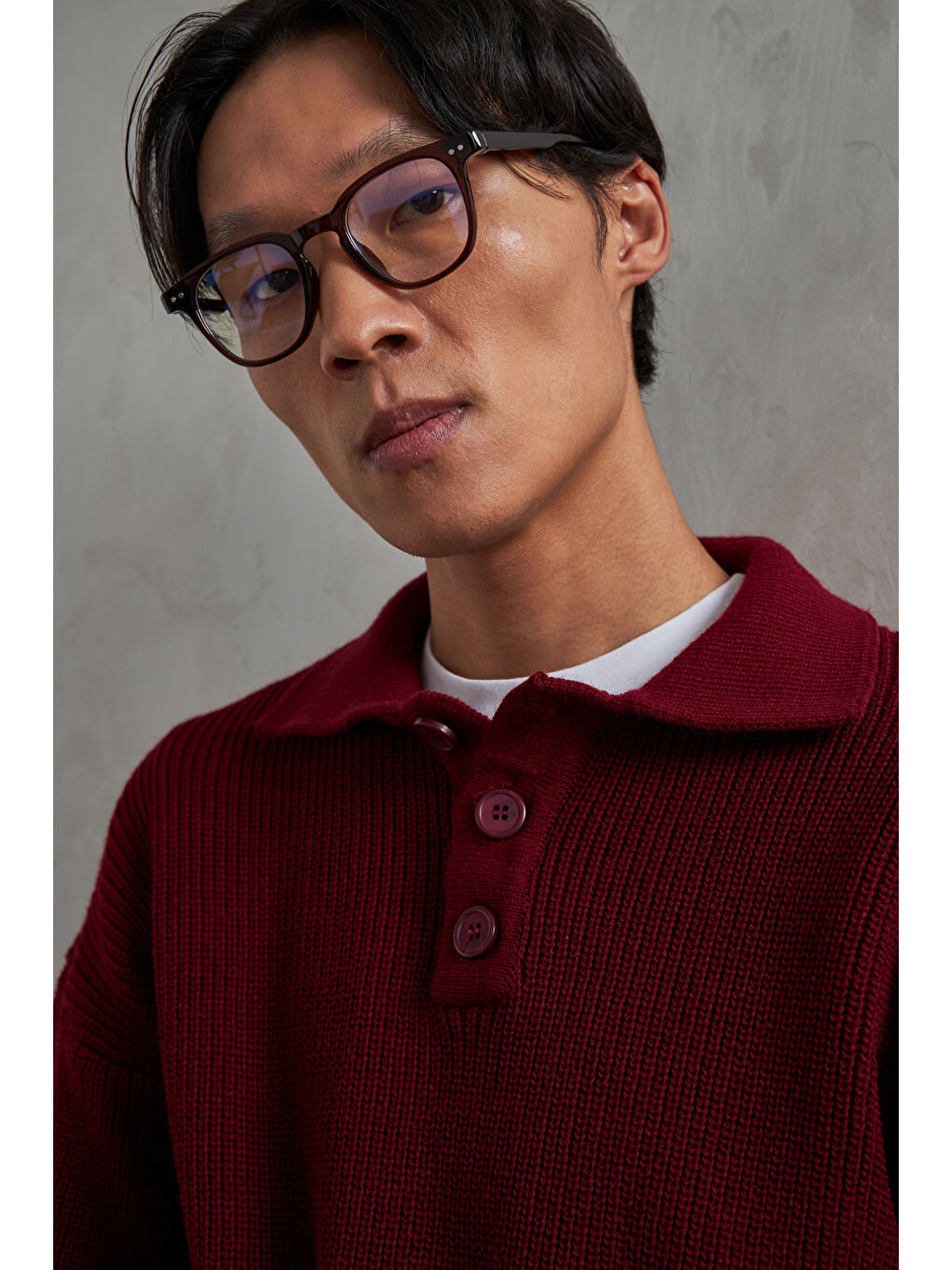 Bordo Erkek Yakası Düğmeli Oversize Kazak-2