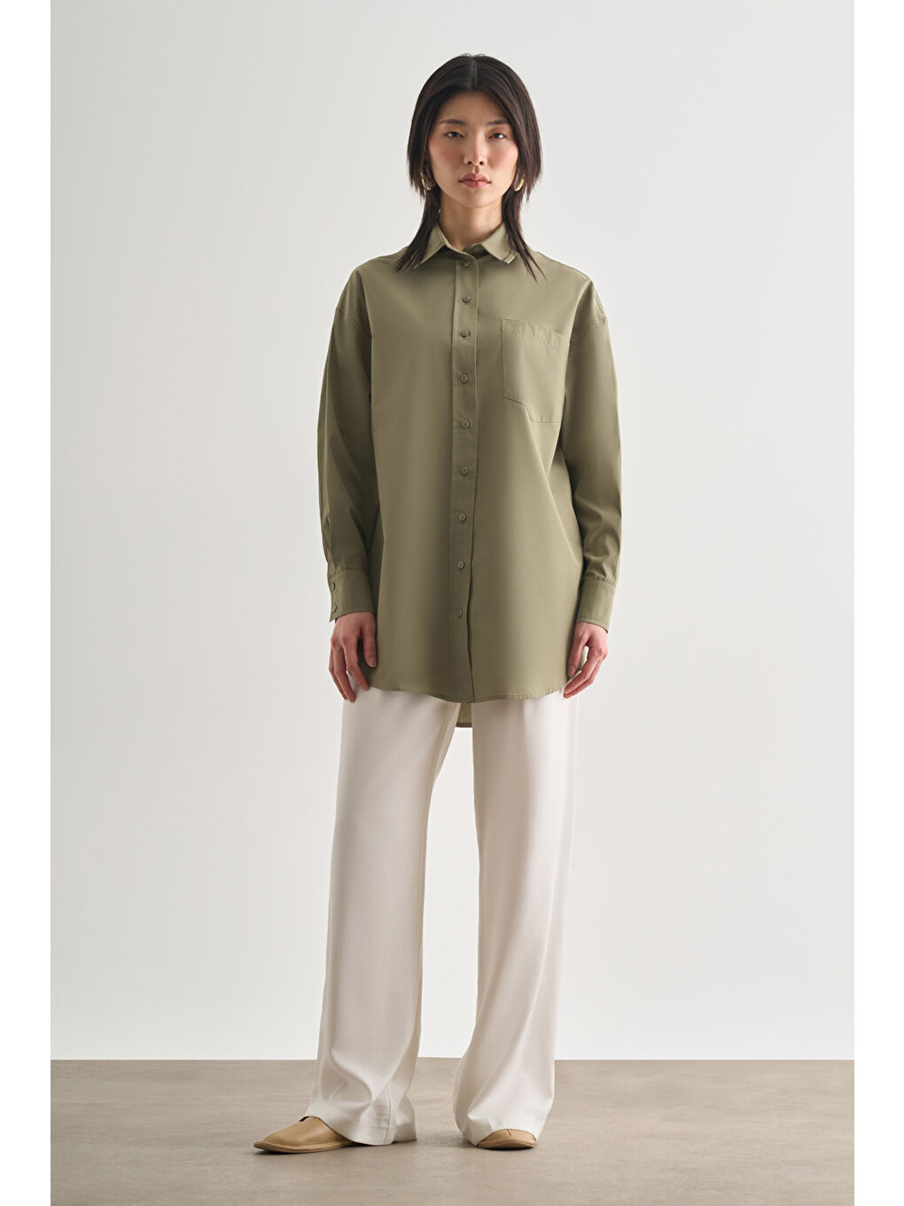 Premium Saf Pamuk Haki Oversize Gömlek-1