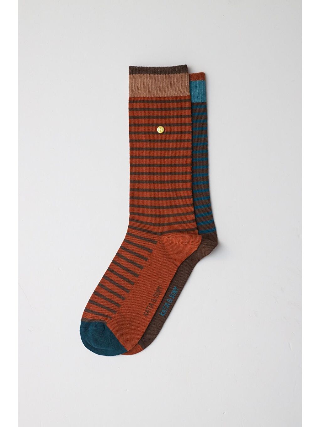 Erkek Zımbalı Çizgili Soket Çorap Lacivert-Kahverengi-1