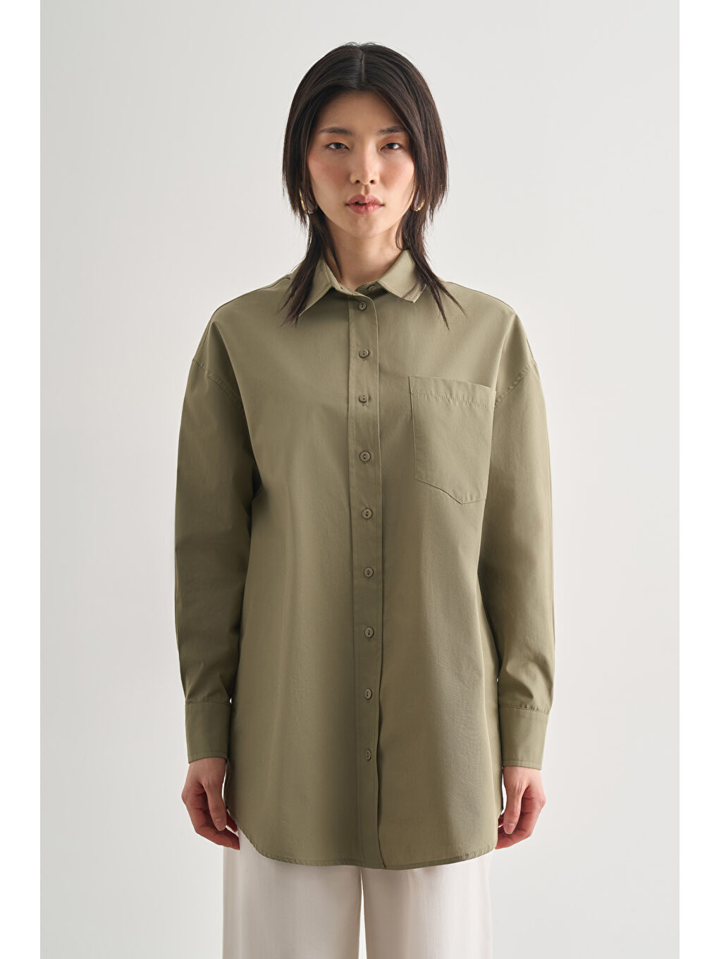 Premium Saf Pamuk Haki Oversize Gömlek-2