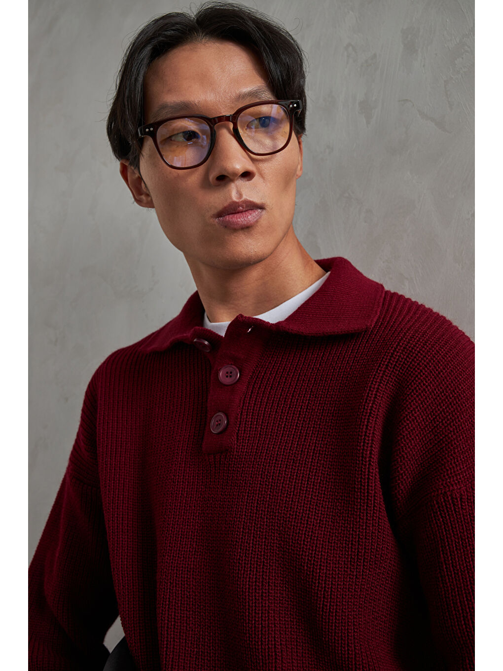 Bordo Erkek Yakası Düğmeli Oversize Kazak-3