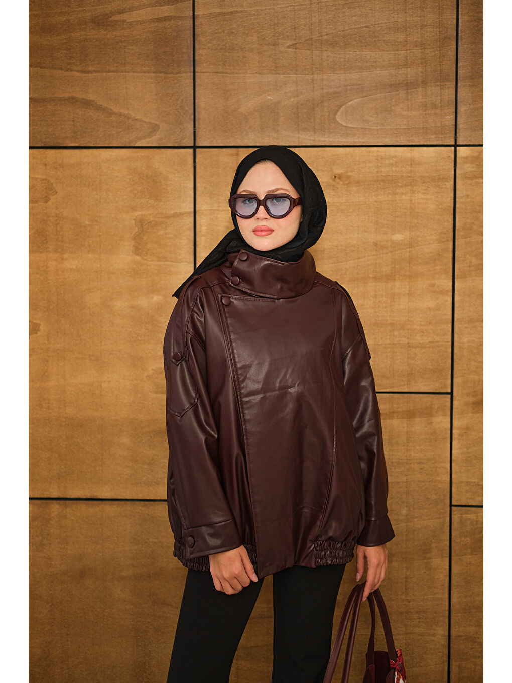 Kadın Dik Yaka Deri Ceket Bordo-1