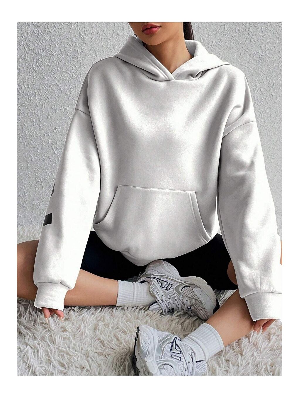 Kadın Beyaz Kolları Brooklyn New York Baskılı Oversize Kapüşonlu Sweatshirt Hoodie-2