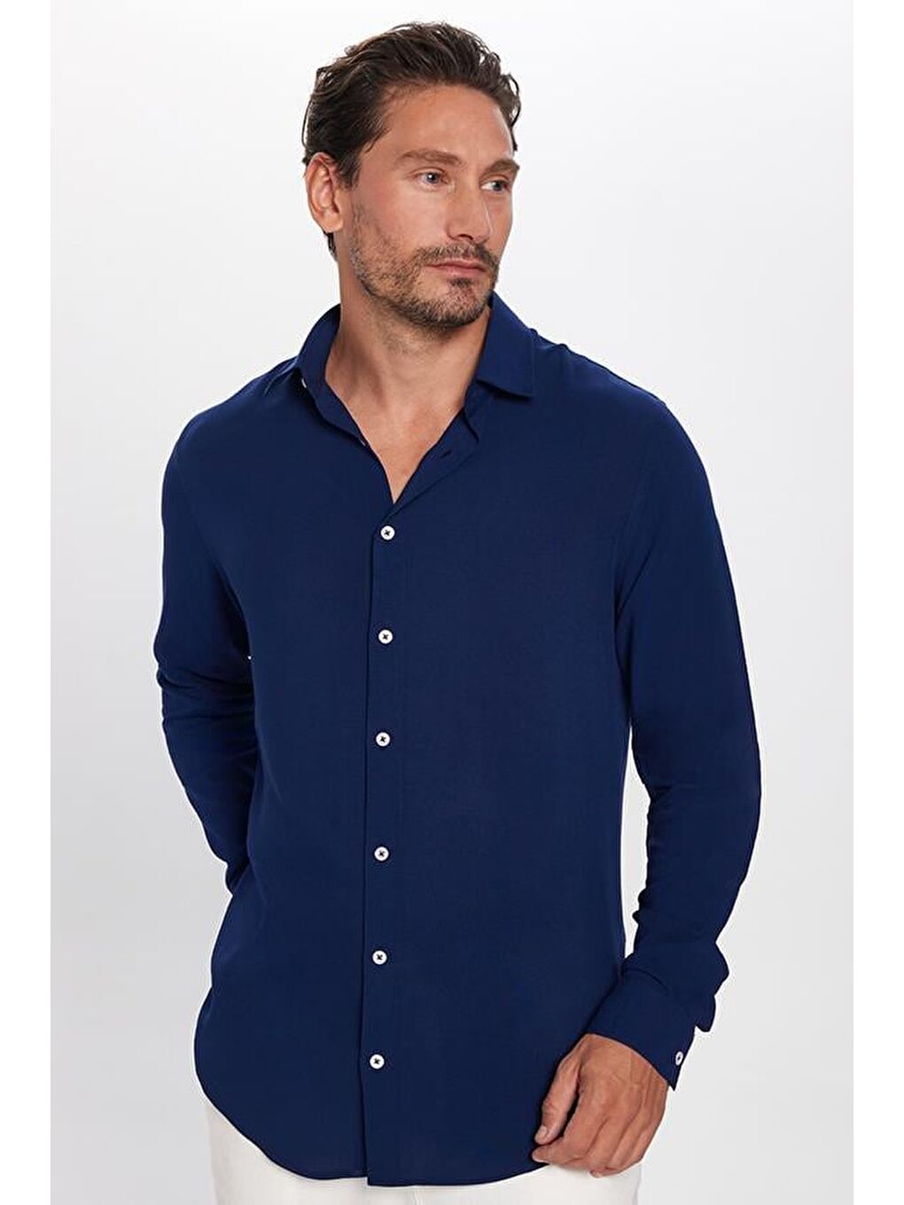 TUDORS Slim Fit Uzun Kollu Dar Kesim Dökümlü Viskon Lacivert Erkek Gömlek