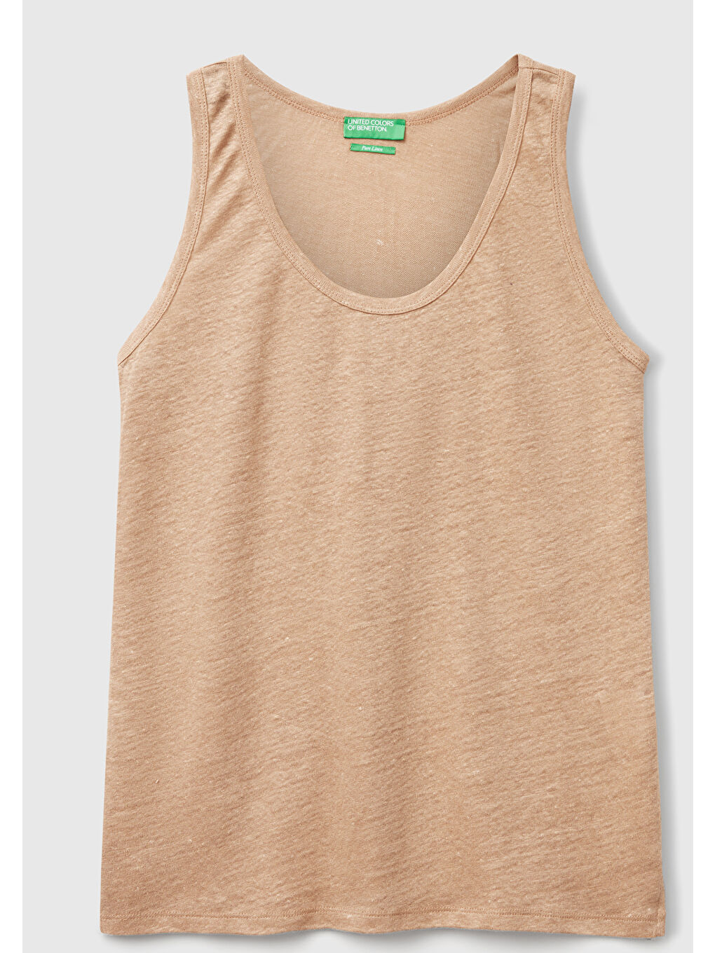 Kadın Bej %100 Keten Yanları Yırtmaçlı Regular Fit Yuvarlak Yaka Atlet-1