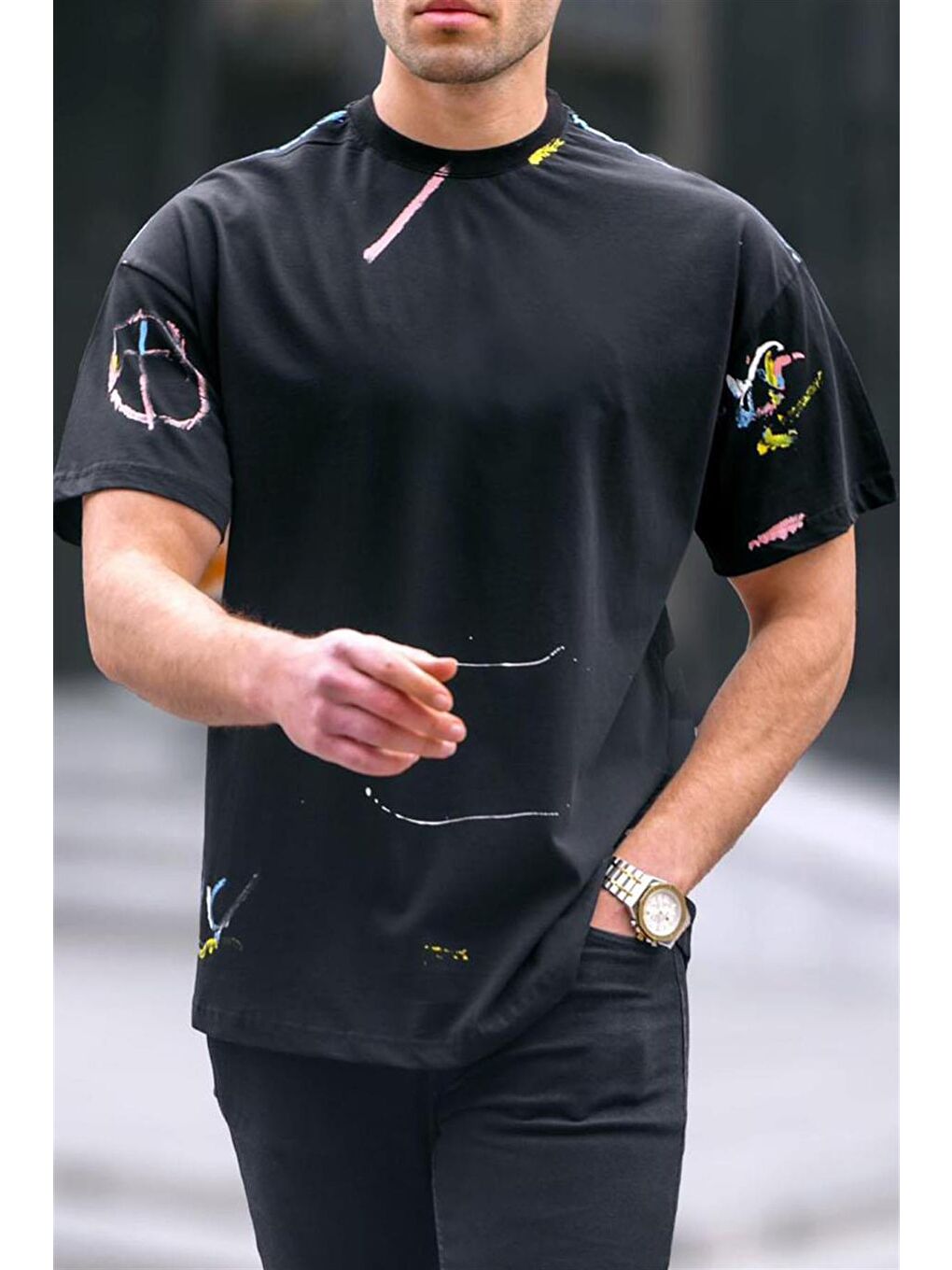 Siyah Desenli Overfit Erkek %100 Pamuk Tişört 6122-2