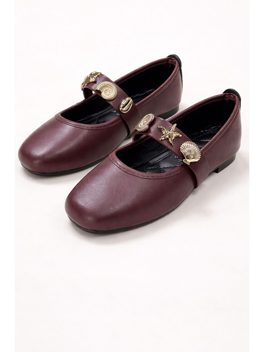 Bordo STELLA Deniz Kabuğu Kemerli Babet Günlük Kadın Ayakkabı Mary Jane Ev Babeti