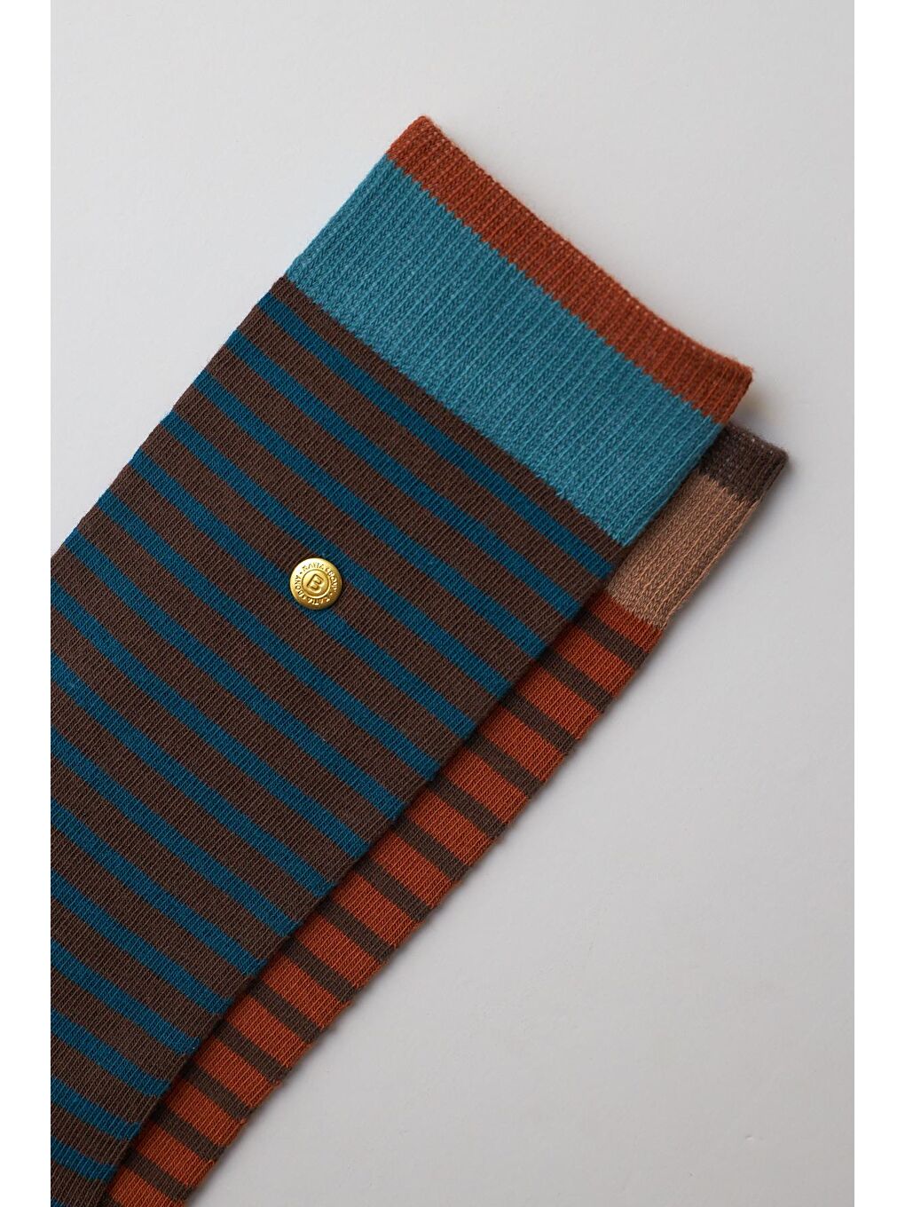 Erkek Zımbalı Çizgili Soket Çorap Lacivert-Kahverengi-3