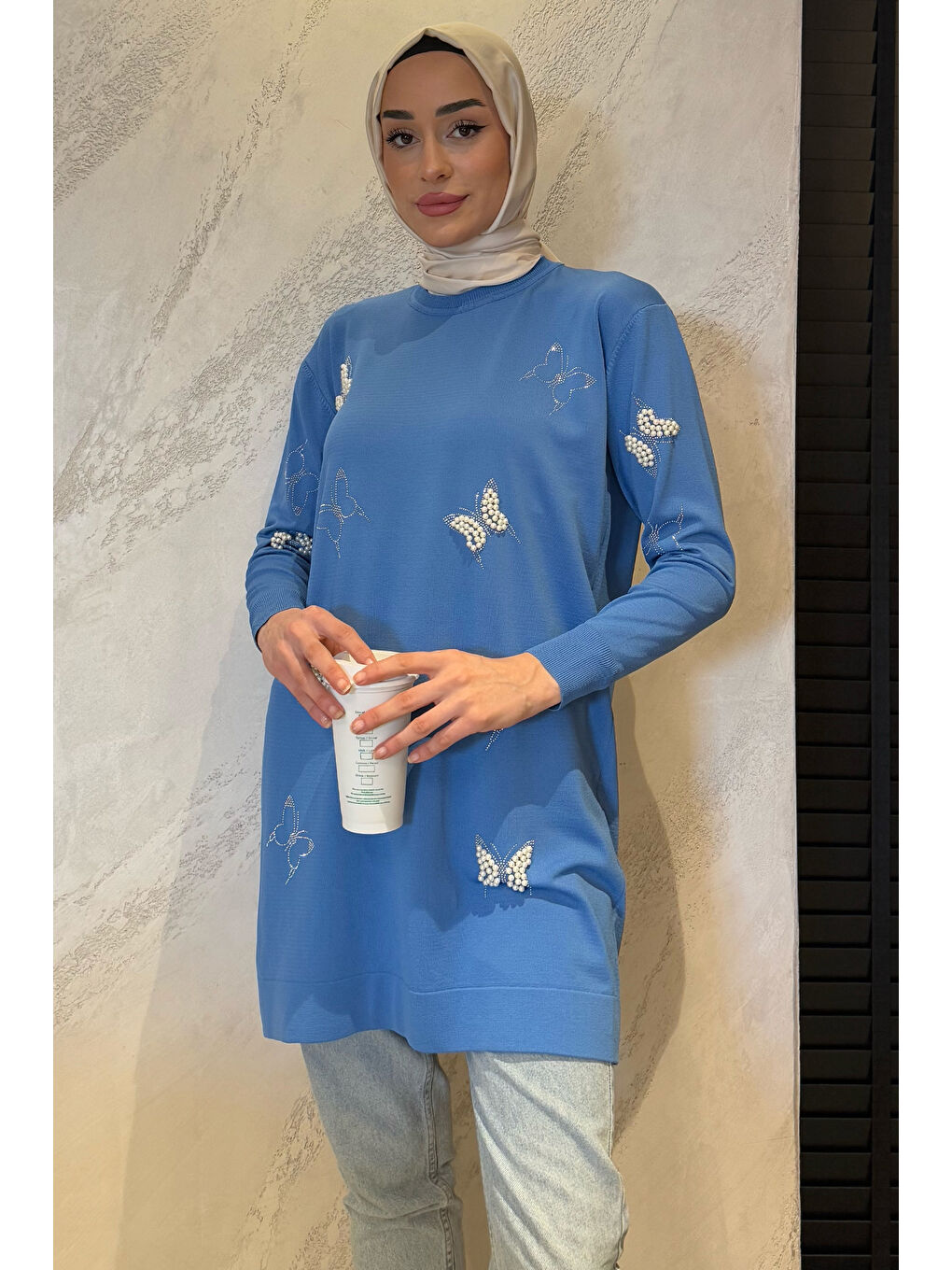 Mavi Kelebek Taşlı Bisiklet Yaka Tesettür Tunik-3