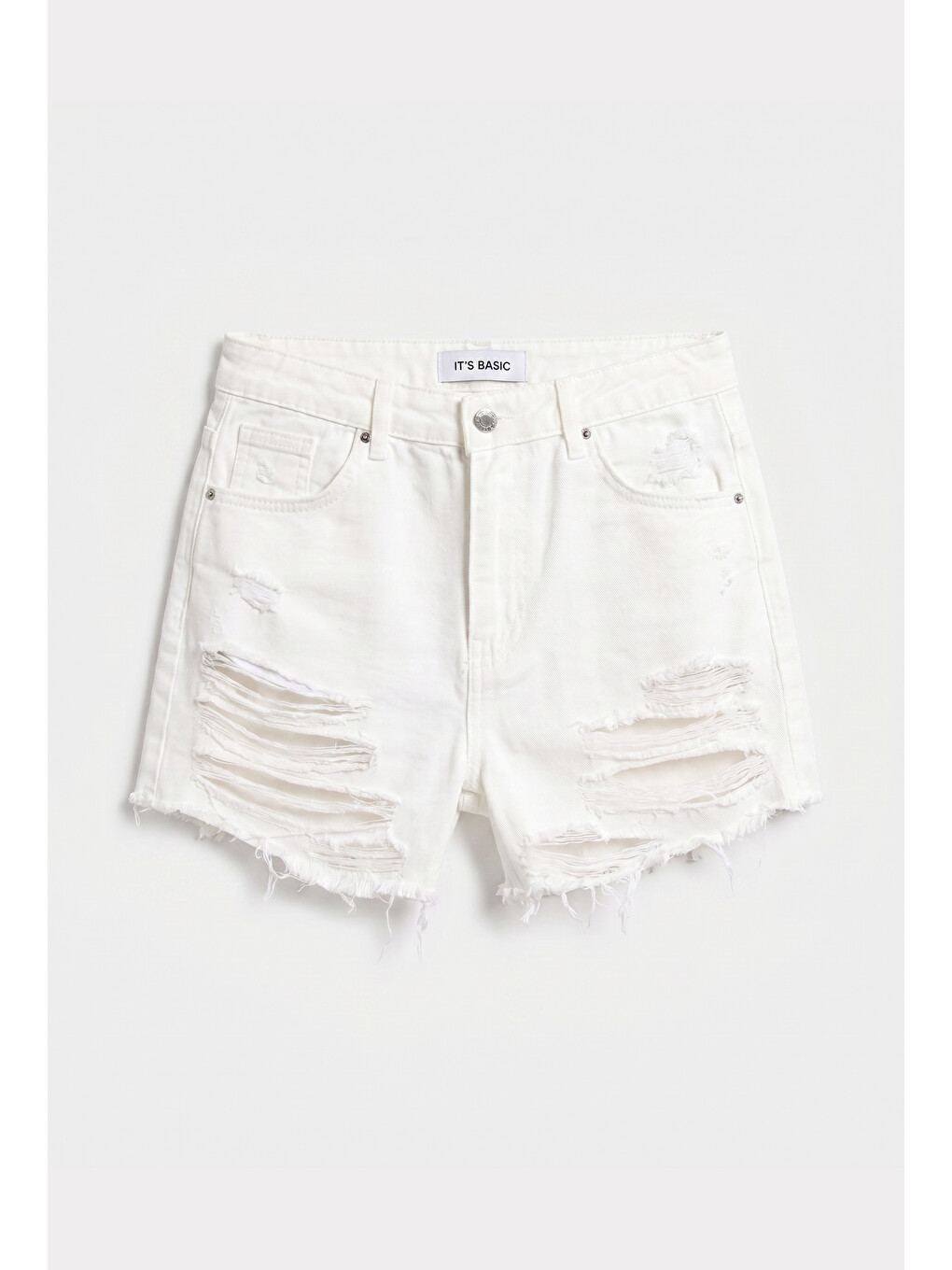 Kadın Kırık Beyaz 15s6-101 Mini Boy Yüksek Bel Yırtık Detaylı Püsküllü %100 Pamuk Denim Şort