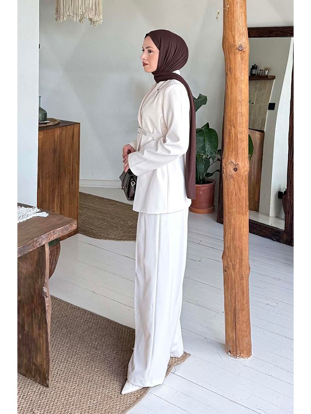 Ekru Pensli Ceket-Pantolon İkili Takım Krem-1