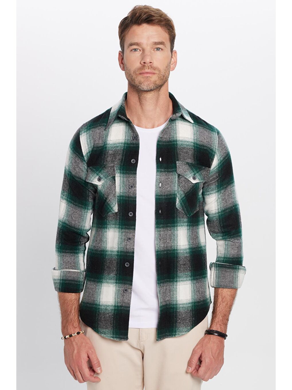 Karışık Erkek Slim Fit Dar Kesim Çift Cepli Kareli Kışlık Oduncu Gömlek-3