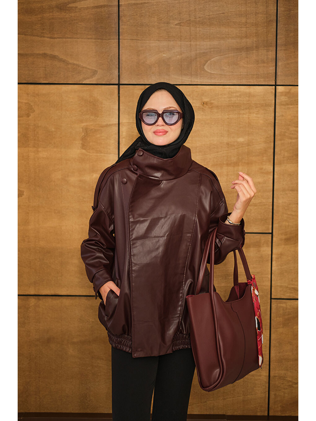 Kadın Dik Yaka Deri Ceket Bordo-2