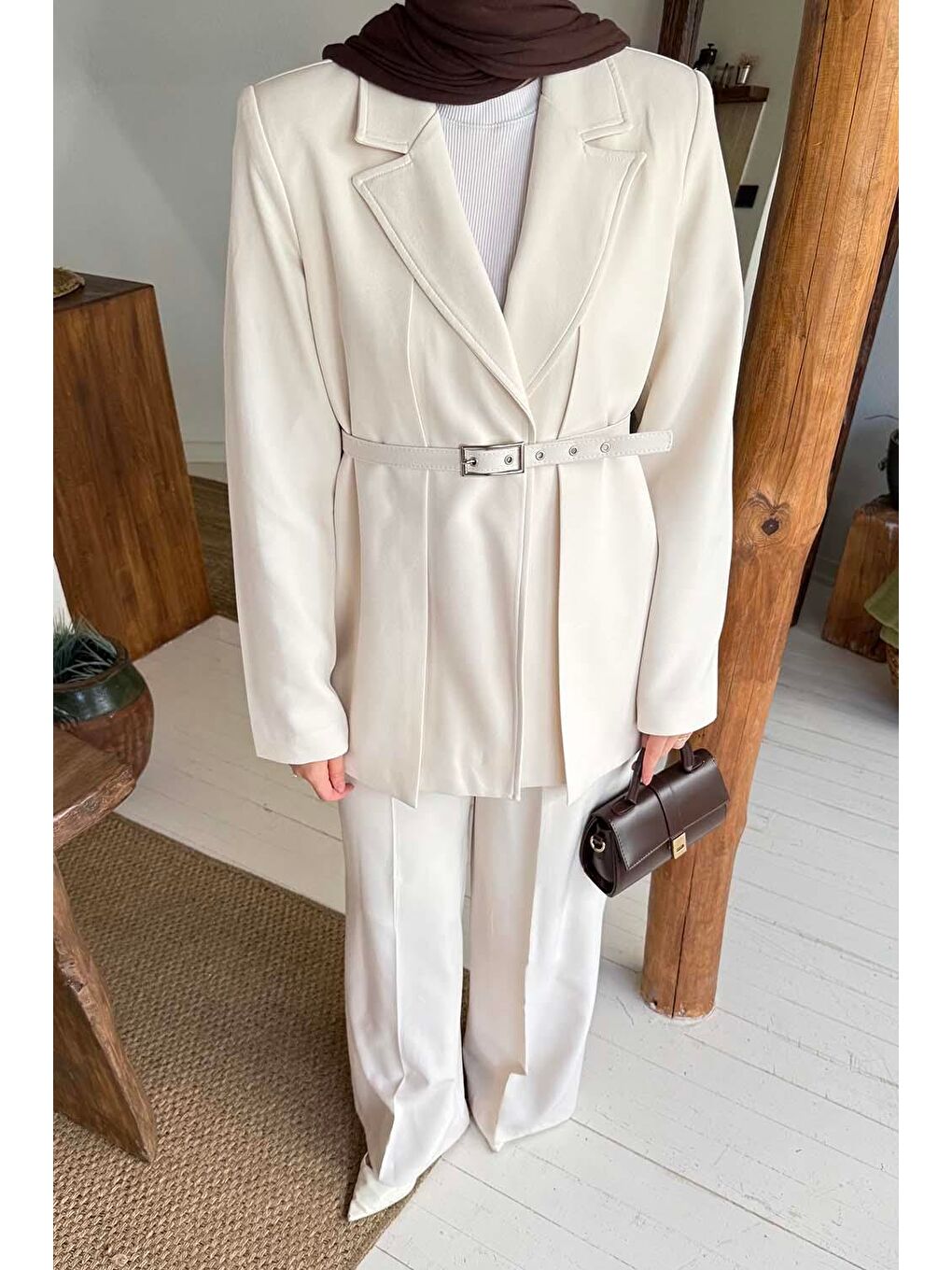 Ekru Pensli Ceket-Pantolon İkili Takım Krem-2