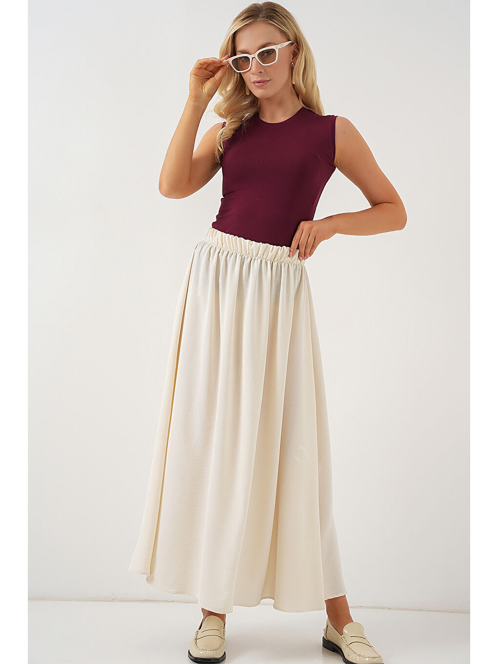 Ekru Kadın Uzun Ayrobin Etek 8050 - Krem