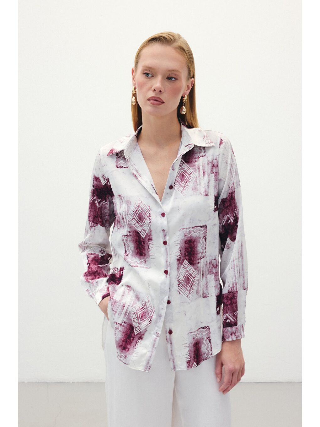 Desenli Klasik Gömlek - Bordo-2