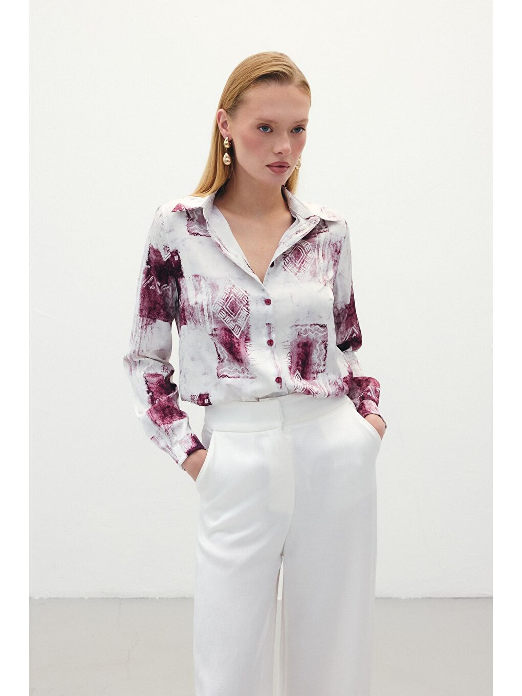 Desenli Klasik Gömlek - Bordo-3