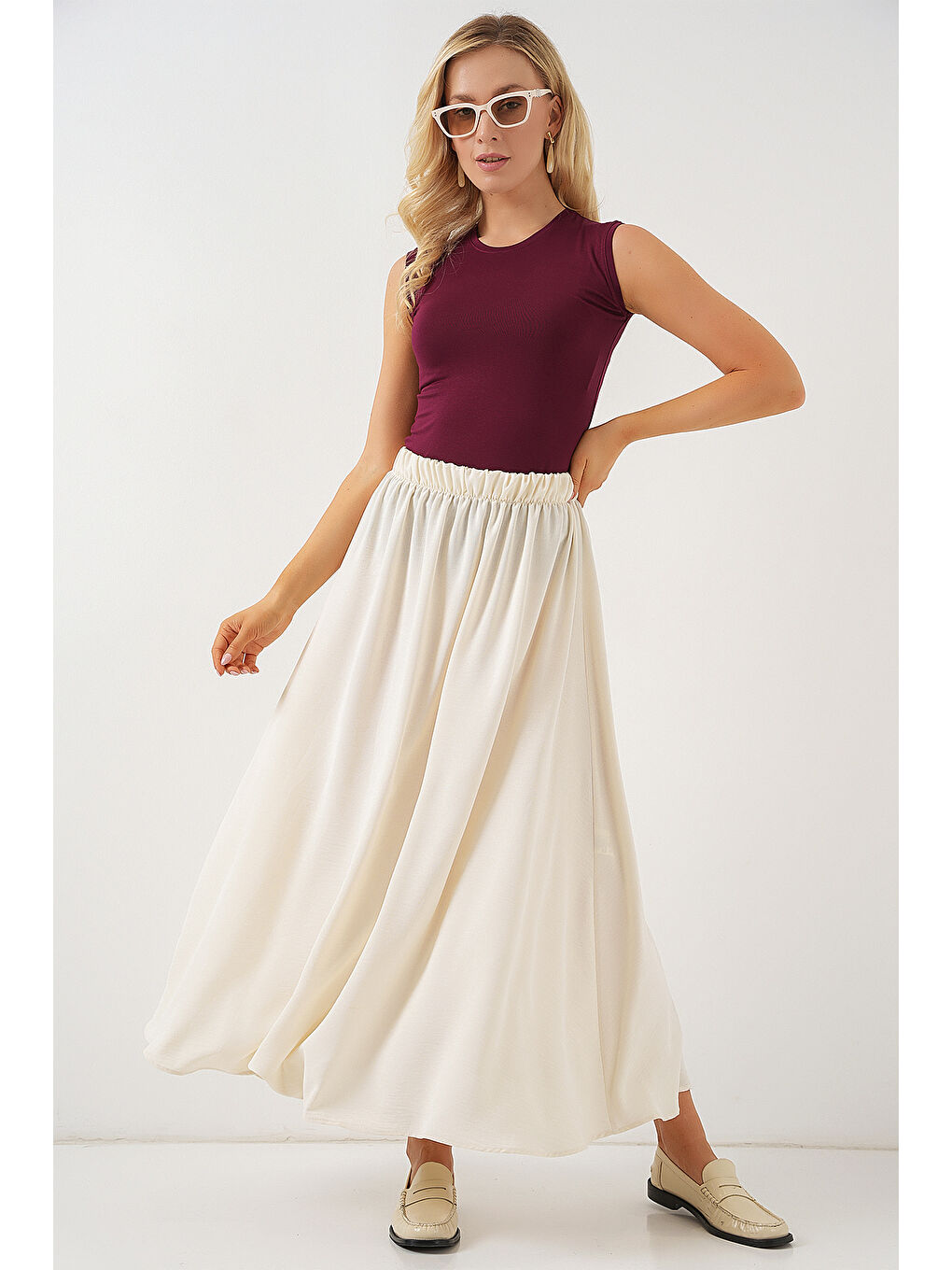 Ekru Kadın Uzun Ayrobin Etek 8050 - Krem-2