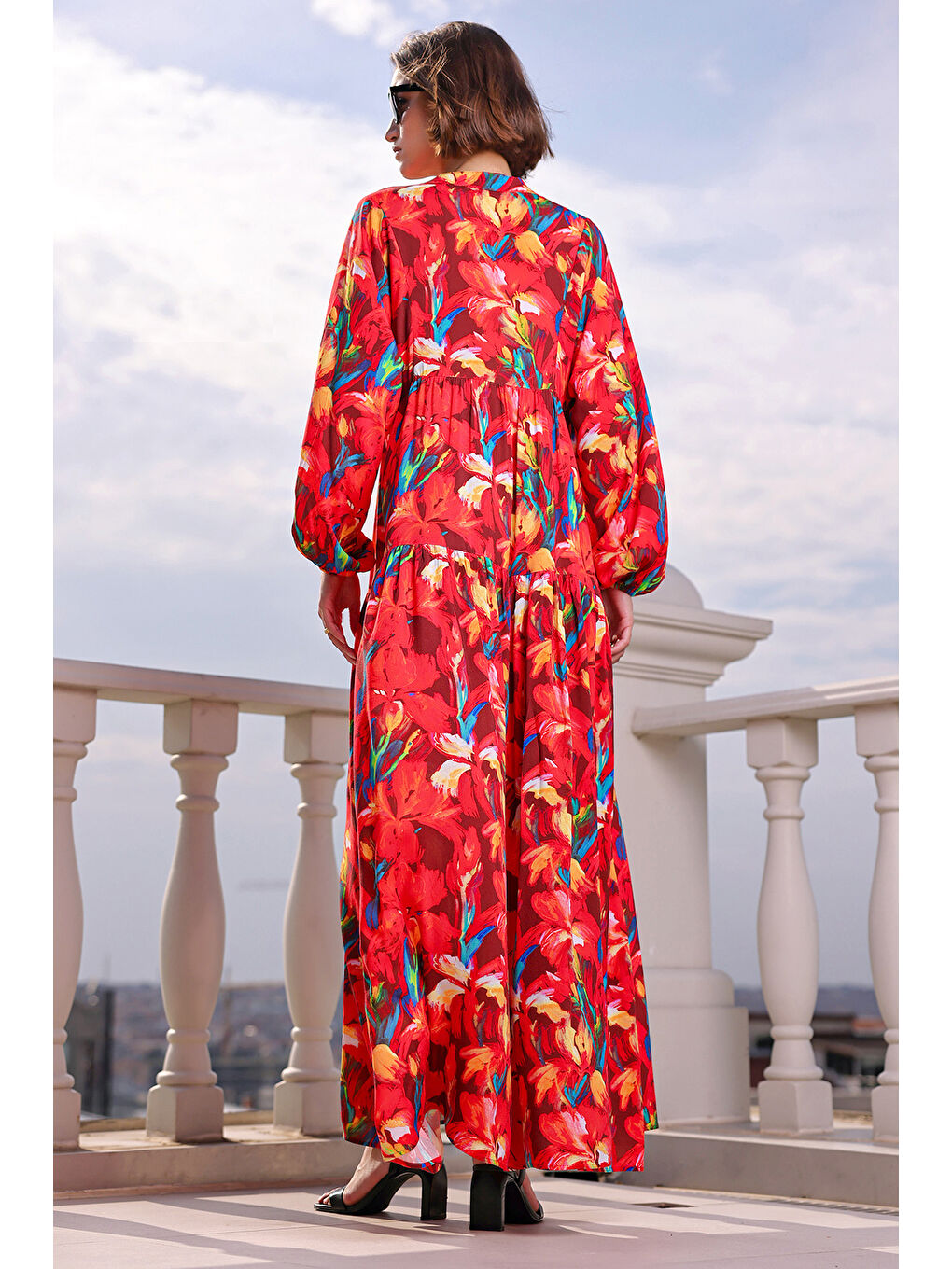 Kadın Desenli Uzun Tesettür Elbise 2585 - Kırmızı-4