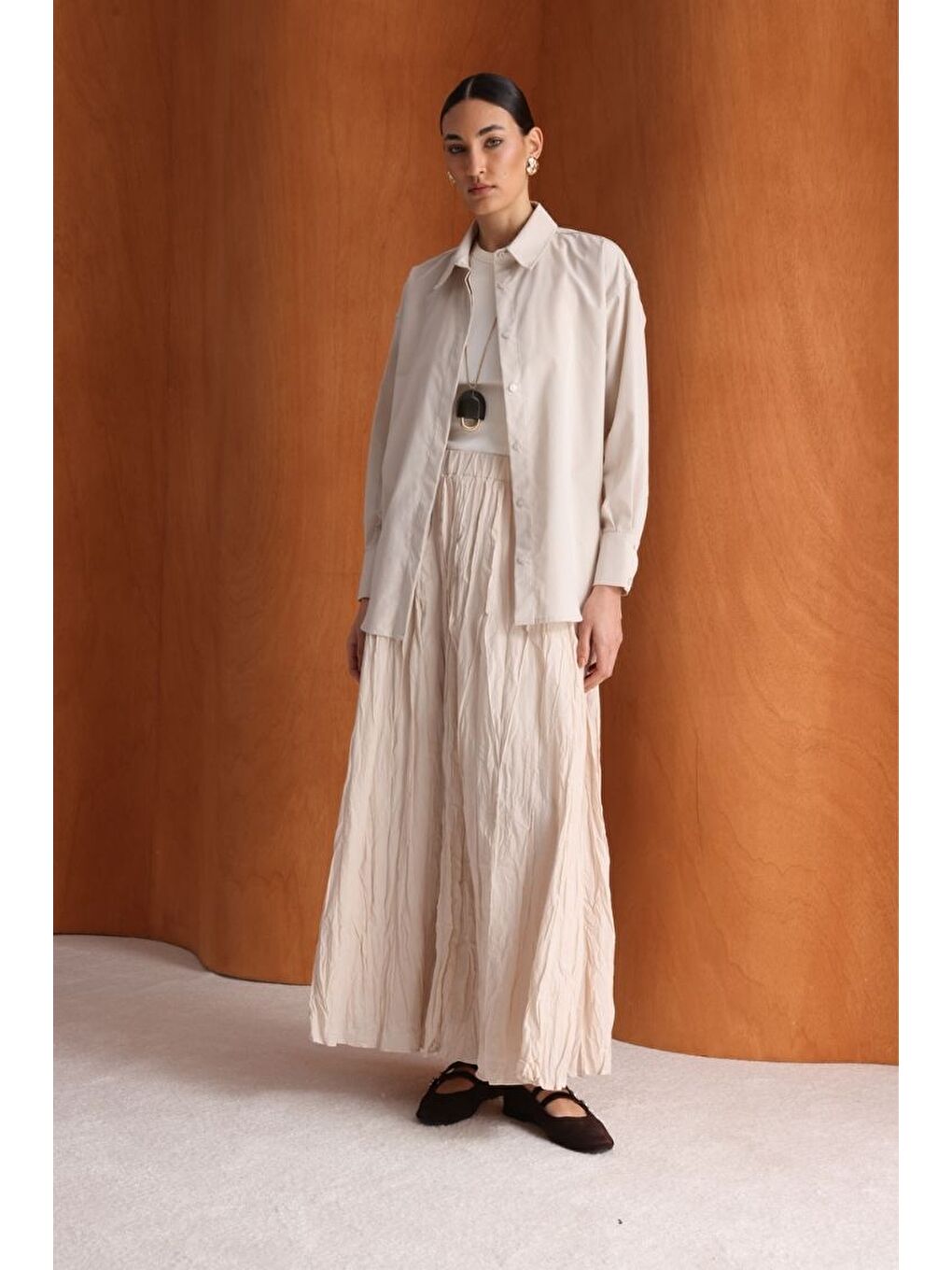 Pamuklu Bej Rengi Oversize Gömlek-1
