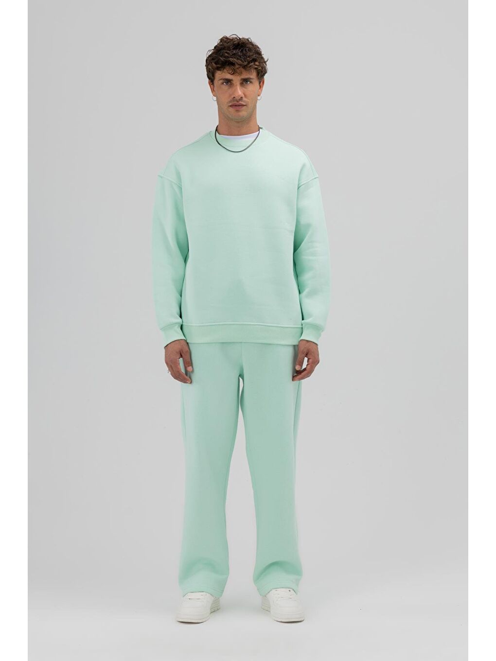 Yeşil Basic Bisiklet Yaka Oversize Sweatshirt Mint-1