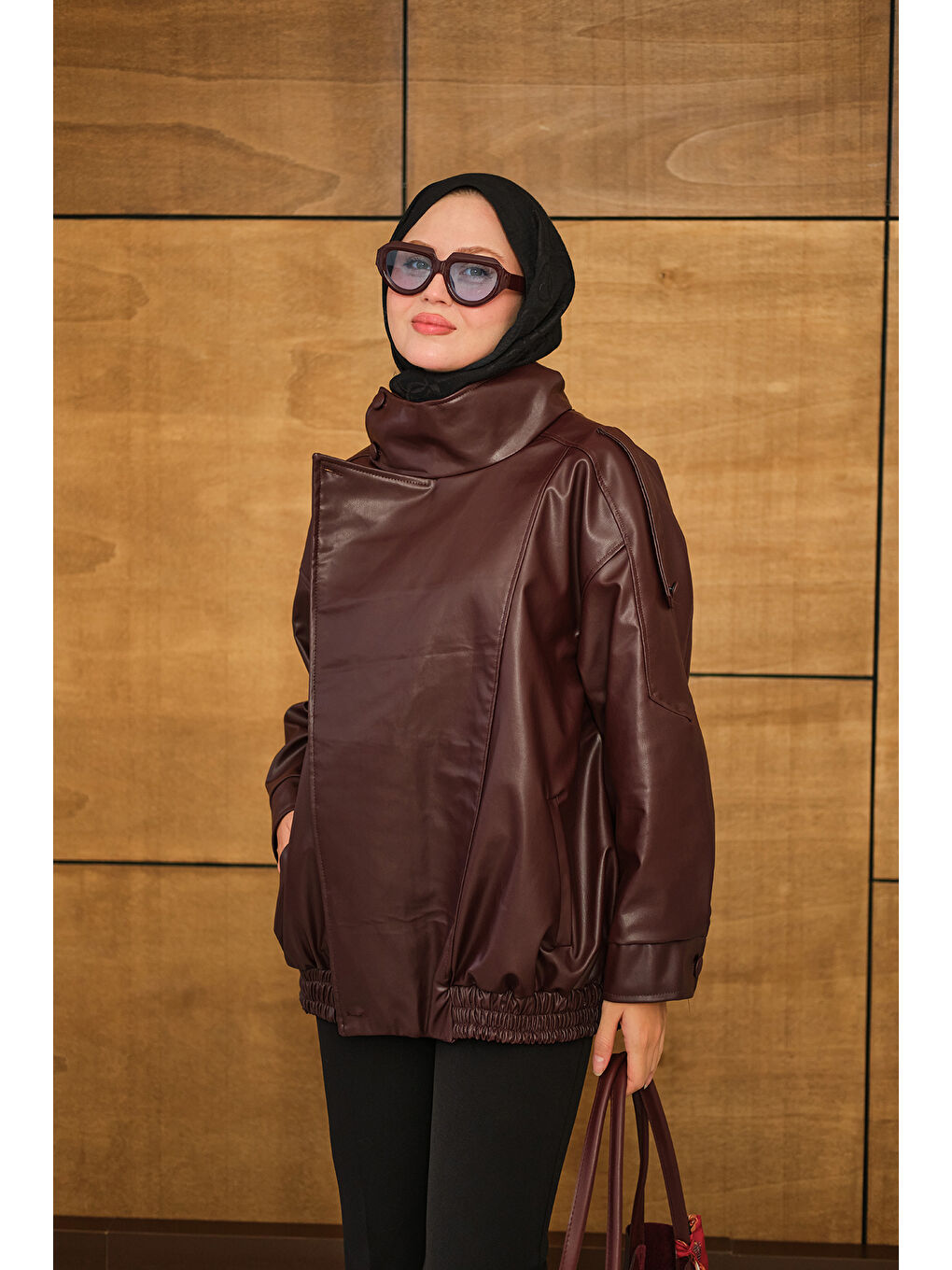 Kadın Dik Yaka Deri Ceket Bordo-3