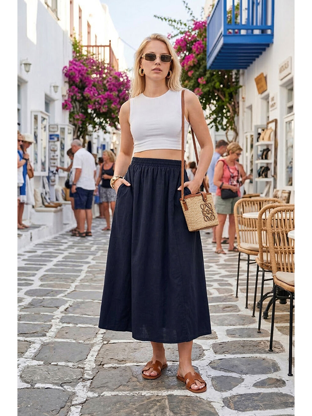 Lacivert Modest Pamuklu Relaxed Fit Lastikli Bel Tesettür Midi Etek 668YE4449