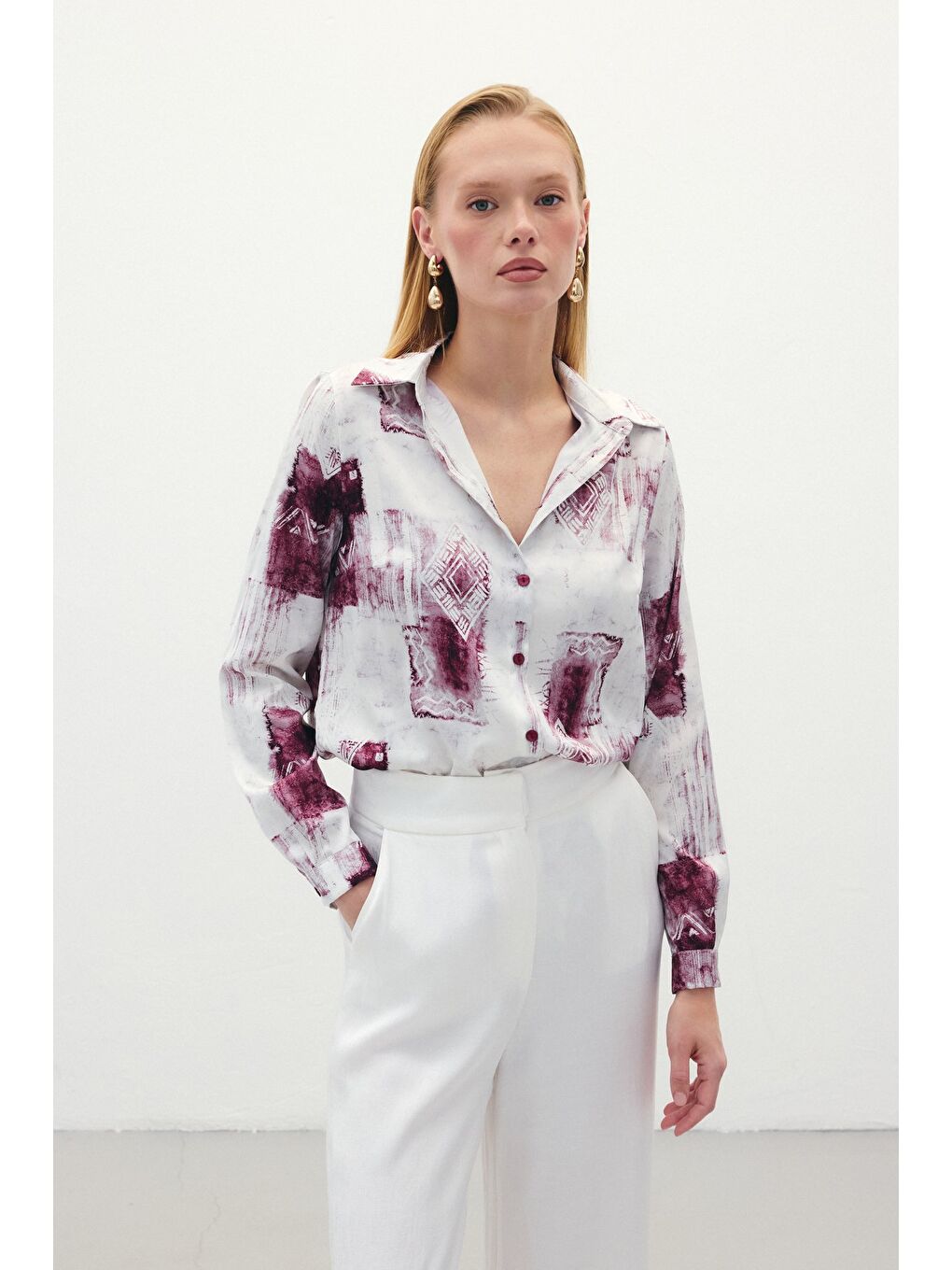 Desenli Klasik Gömlek - Bordo-4