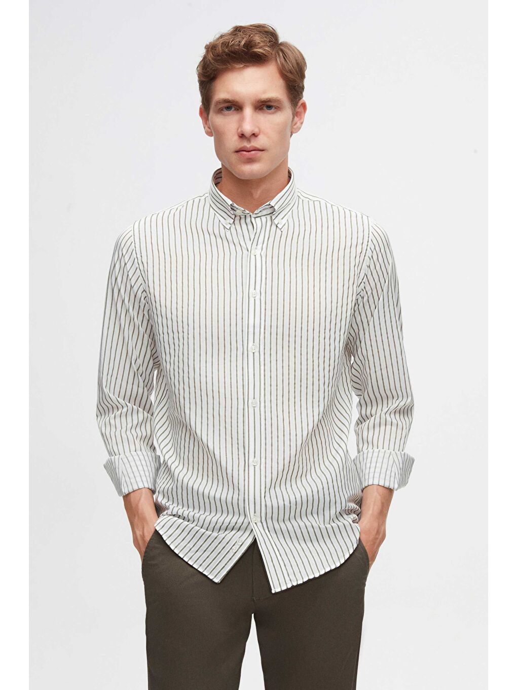 Slim Fit Yeşil Çizgili Gömlek