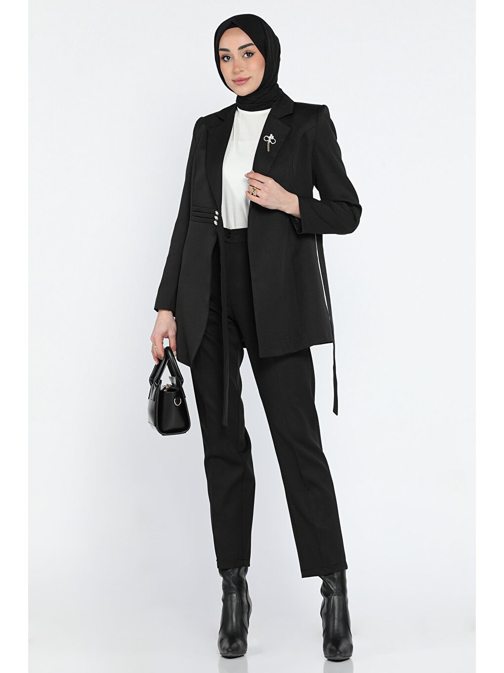 Siyah Kadın Bel Kuşak Detaylı Broşlu Tesettür Blazer Ceket Pantolon İkili Takım