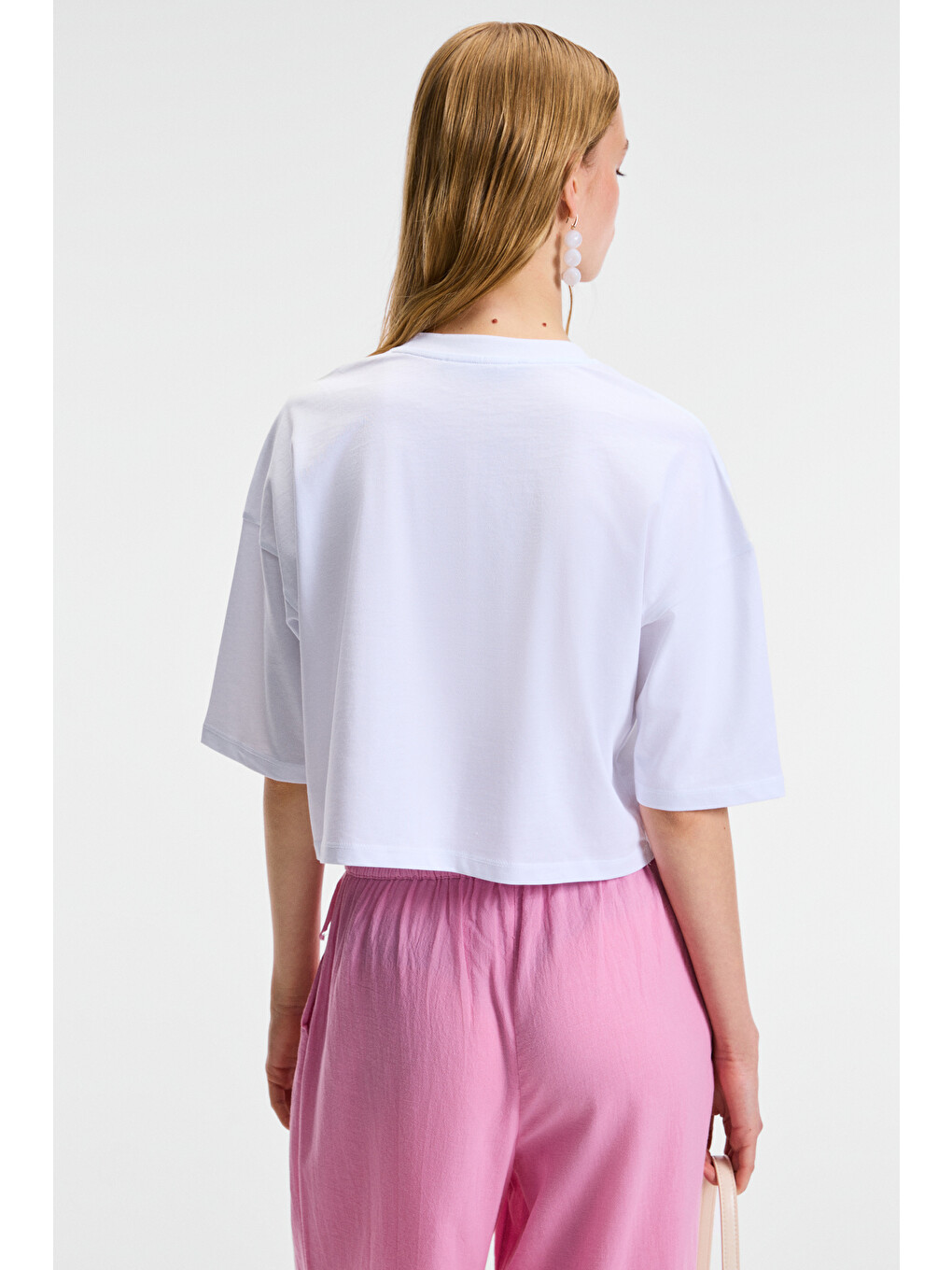 Orelza Kadın %100 Pamuk Baskılı Yuvarlak Yaka Oversize Fit Beyaz T-shirt-4