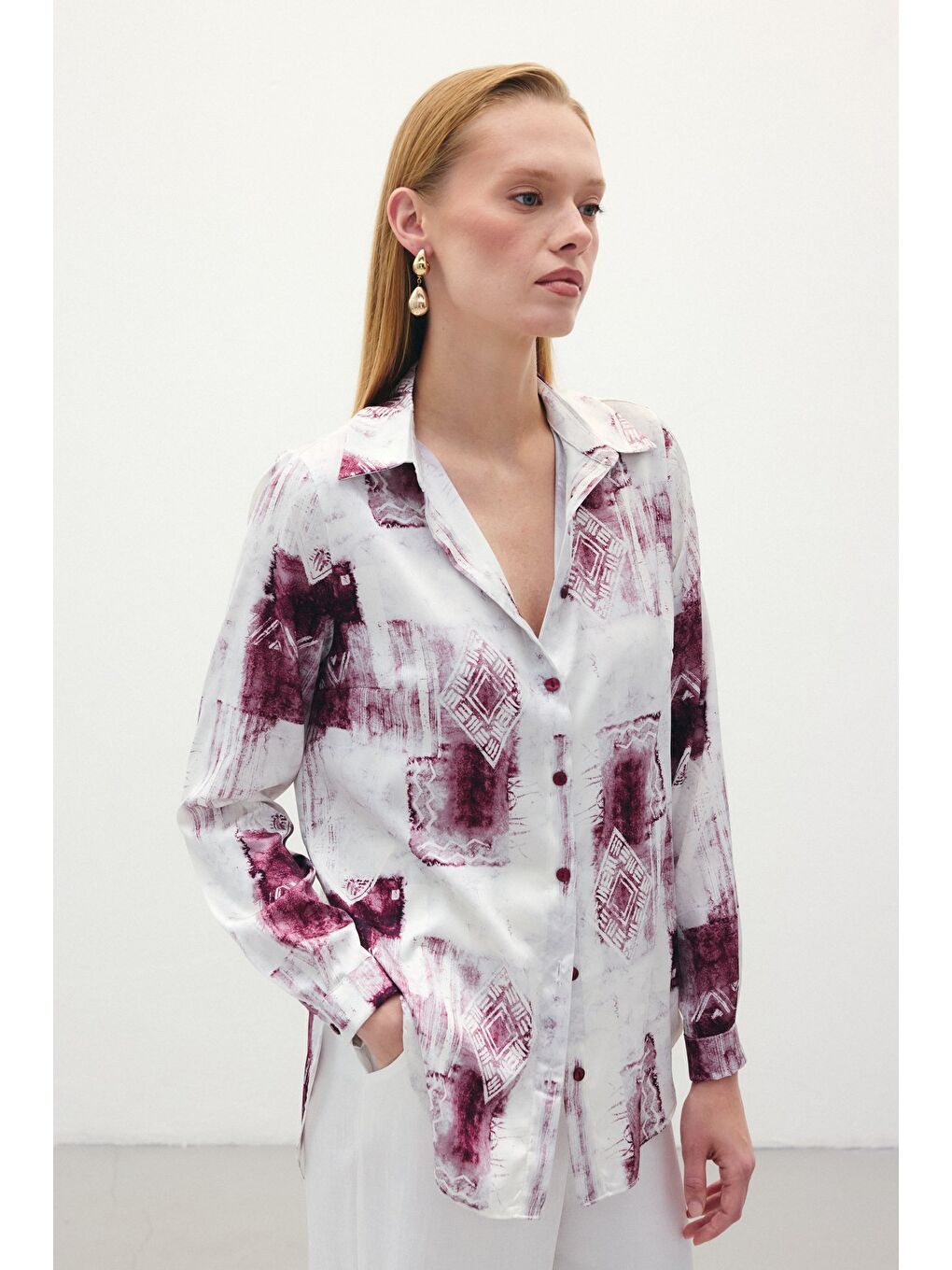 Desenli Klasik Gömlek - Bordo-5