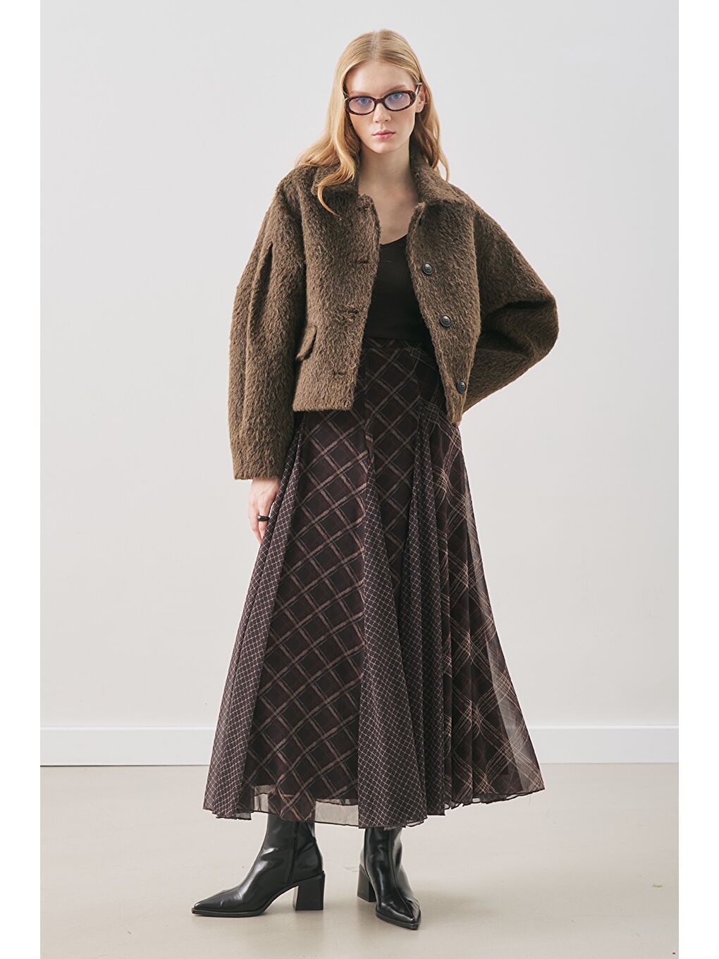 Kahverengi Ekose Desenli Şifon Etek Kahve-2