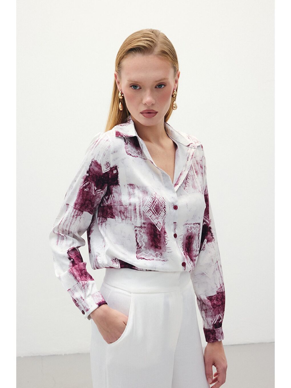 Desenli Klasik Gömlek - Bordo-6