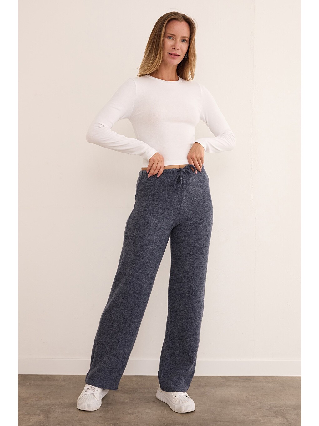 İndigo Beli Bağlamalı Yumoş Palazzo Pantolon