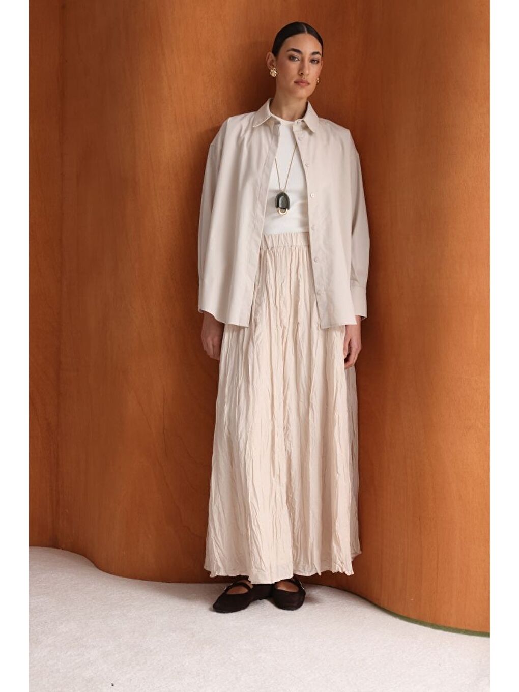 Pamuklu Bej Rengi Oversize Gömlek-2