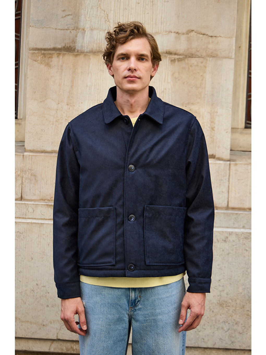 Erkek Süet Kapitoneli Mont Ceket Lacivert-1