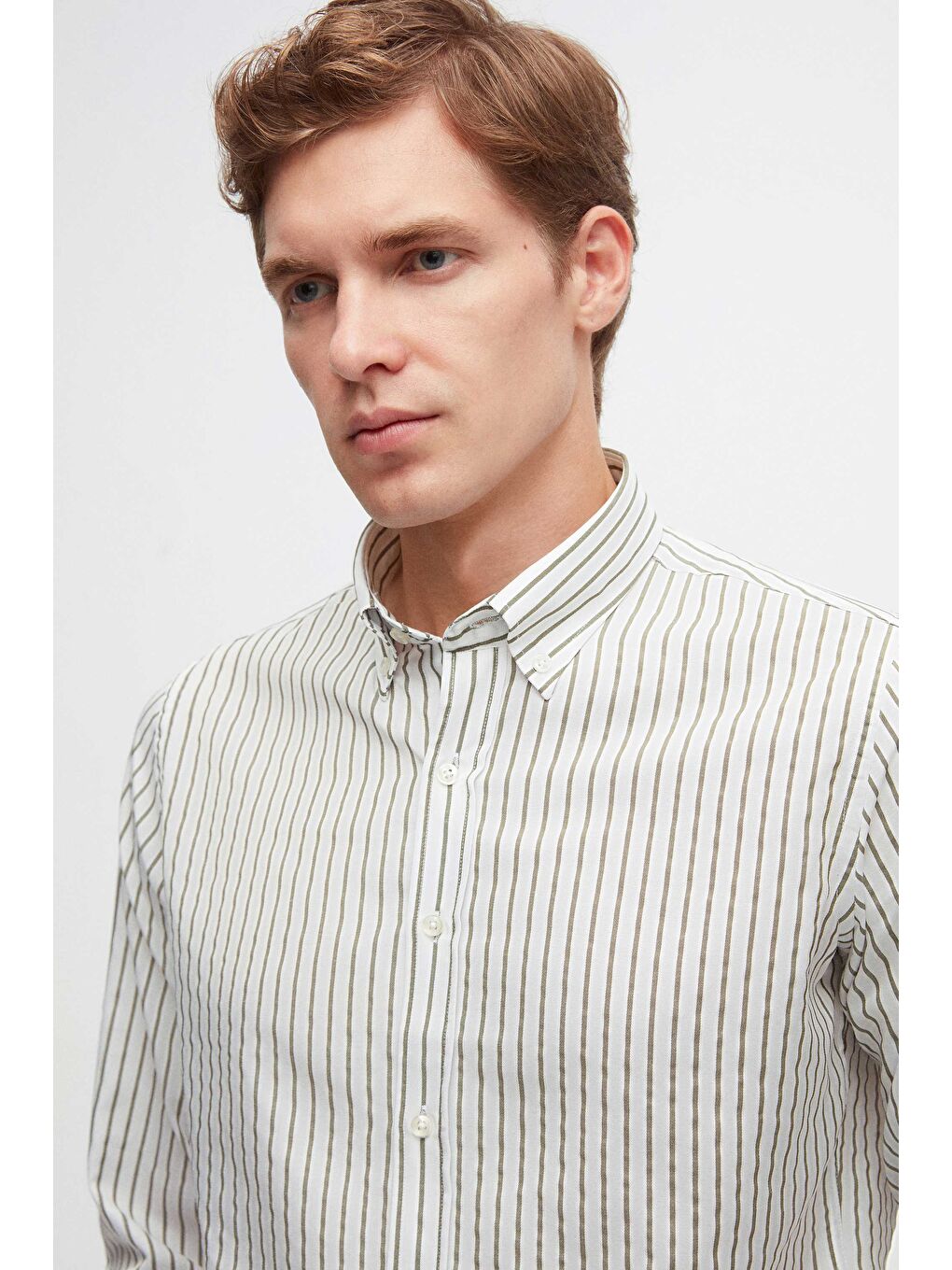 Slim Fit Yeşil Çizgili Gömlek-1
