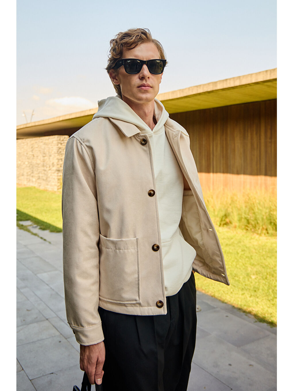 Bej Erkek Süet Kapitoneli Mont Ceket Taş-2