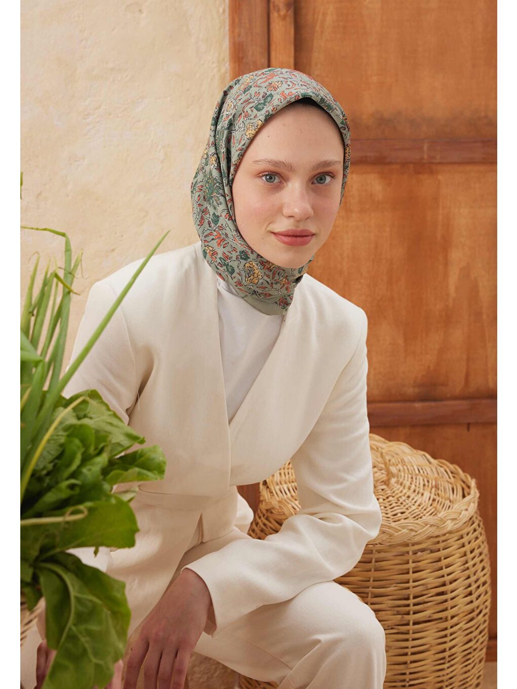 Morocco Desen Pamuk İpek Eşarp Mint Yeşili-1