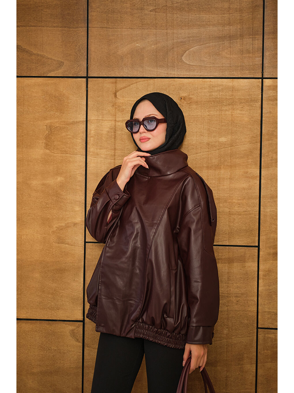 Kadın Dik Yaka Deri Ceket Bordo-4