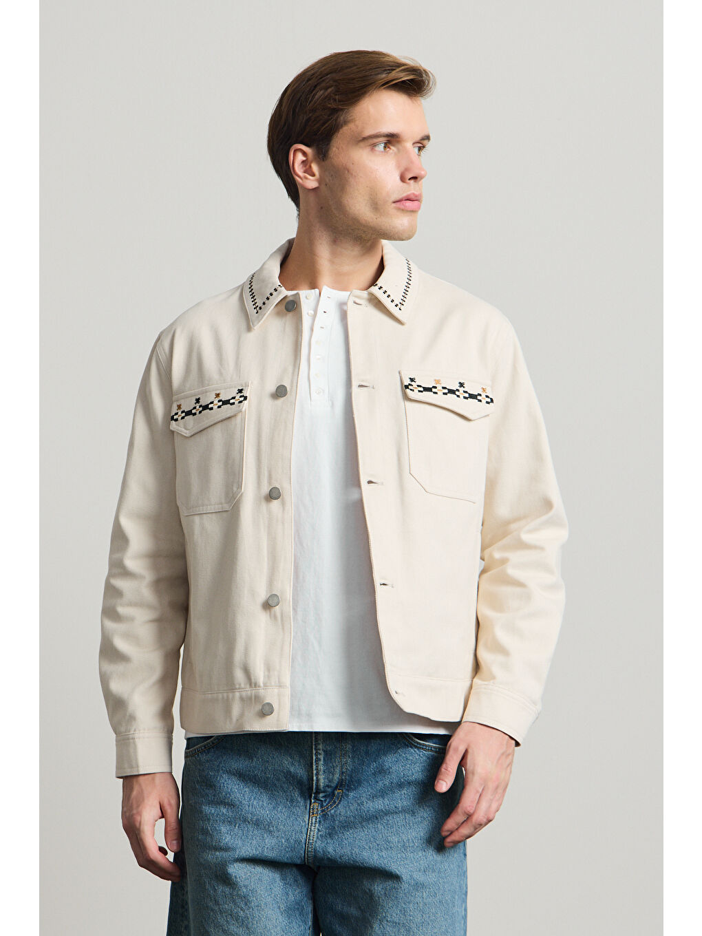 Erkek Nakışlı Denim Ceket Bej-2