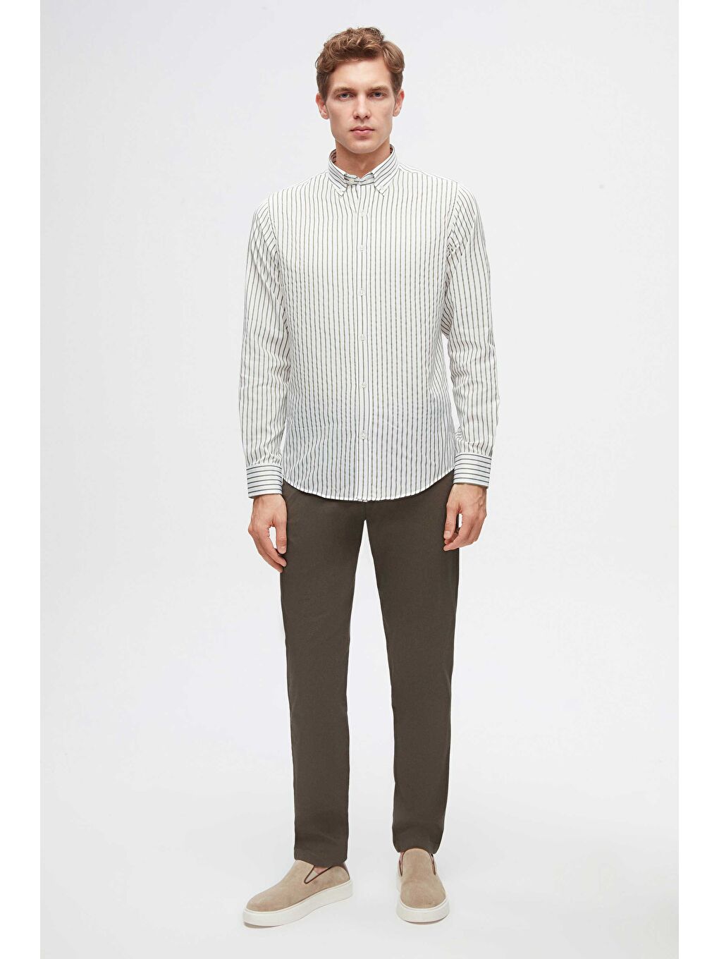 Slim Fit Yeşil Çizgili Gömlek-2