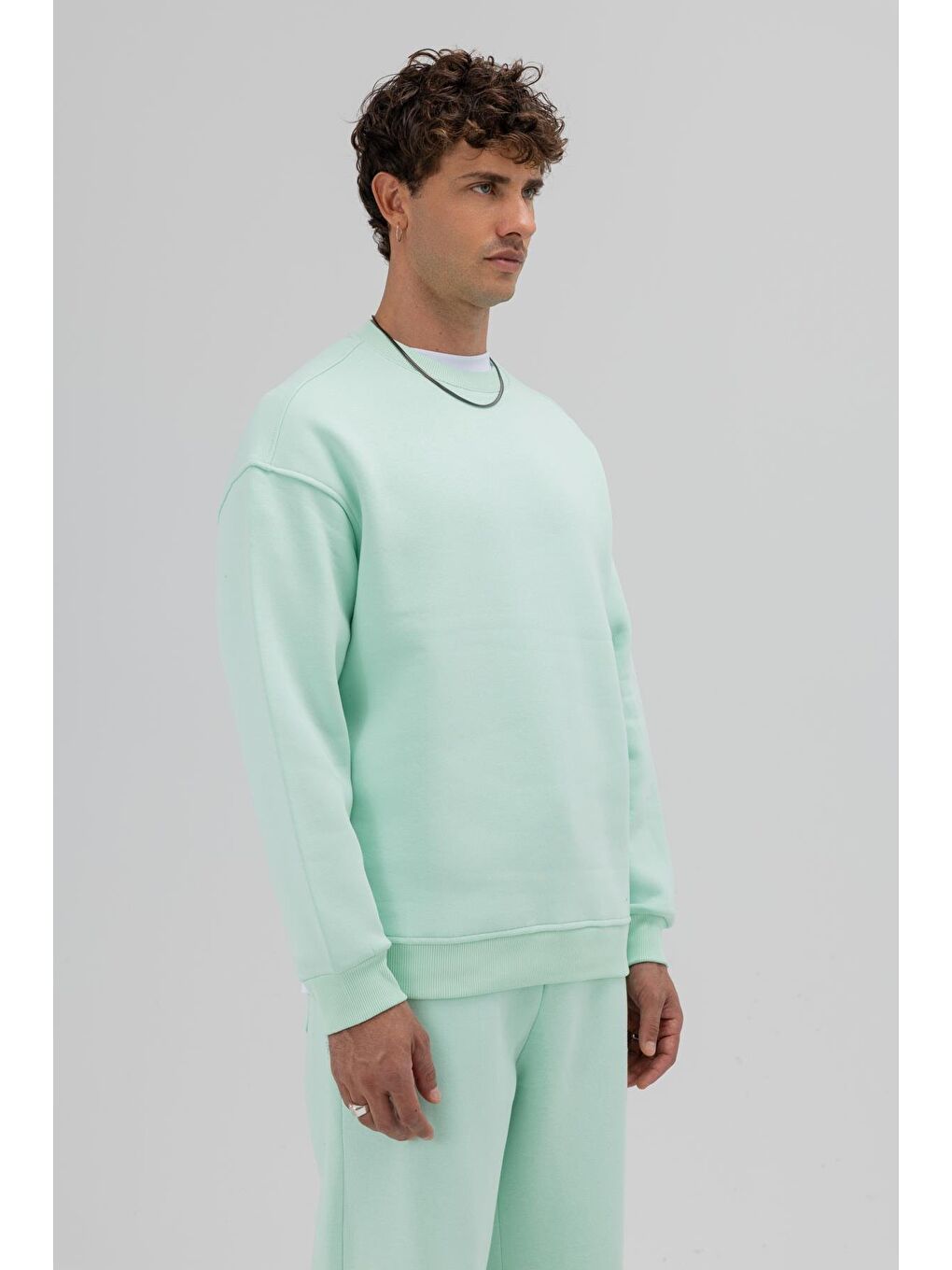 Yeşil Basic Bisiklet Yaka Oversize Sweatshirt Mint-3