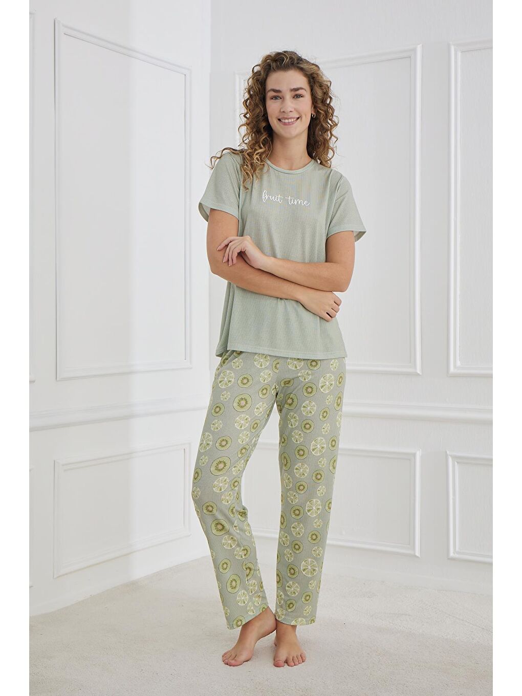 Kadın Desenli Elastanlı Süprem Bisiklet Yaka Pijama Takım | Yeşil 70109-1219